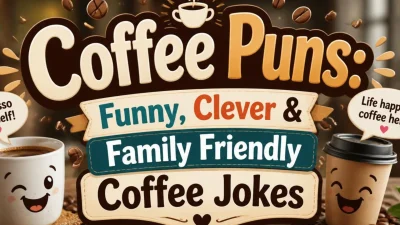 Funny coffee puns and family-friendly coffee jokes in a fun coffee-themed design