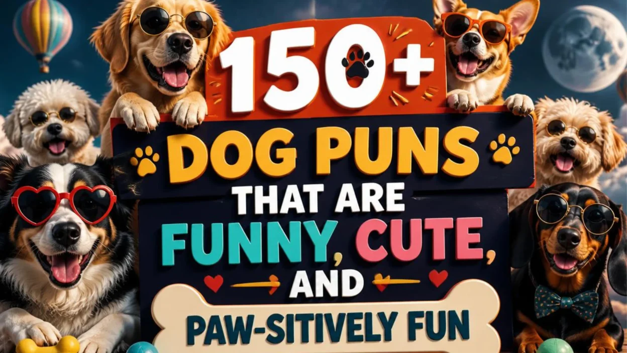 Cute dog smiling with a playful pose for a collection of funny dog puns