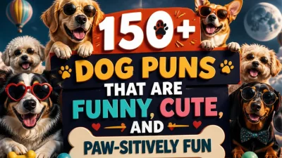 Cute dog smiling with a playful pose for a collection of funny dog puns