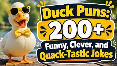 Funny duck puns featuring a cheerful cartoon duck for a collection of 200+ quack-tastic jokes