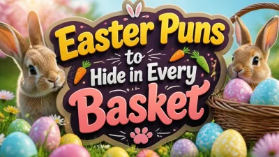 Easter puns graphic featuring funny Easter jokes, cute bunny wordplay, and playful egg-themed humor.