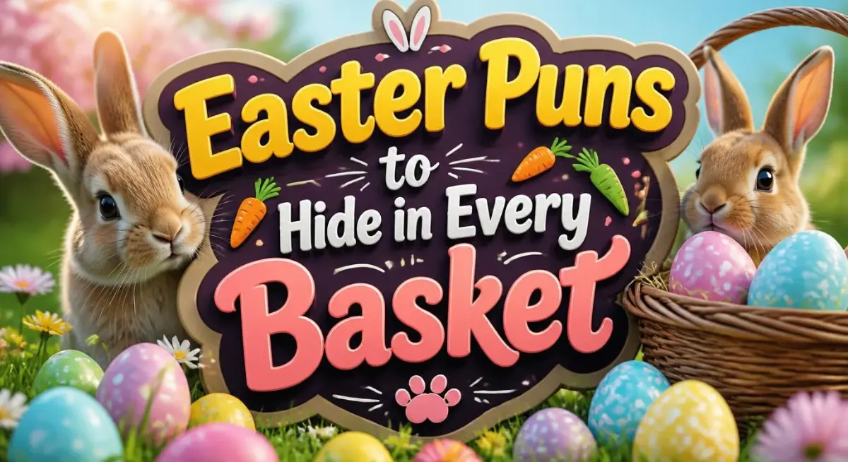 Easter puns graphic featuring funny Easter jokes, cute bunny wordplay, and playful egg-themed humor.