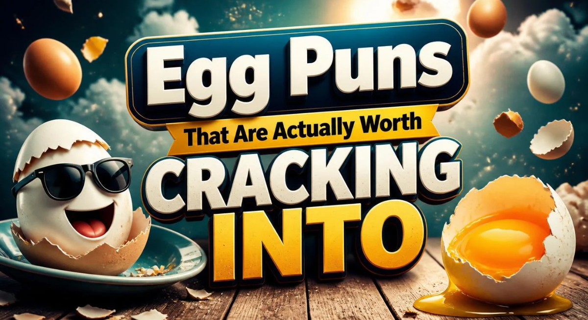 Egg puns graphic featuring funny eggs, playful wordplay, and cracking-good humor.