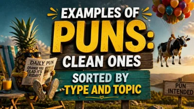 Examples of puns graphic featuring clean wordplay, funny puns, and clever jokes sorted by type and topic.