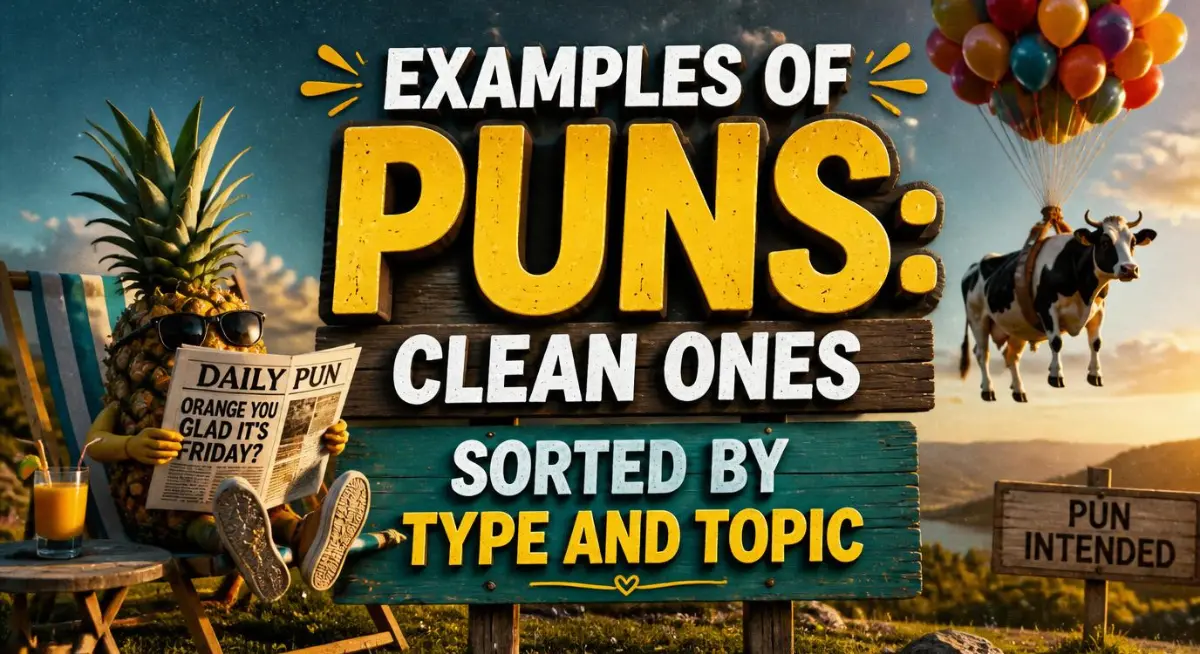 Examples of puns graphic featuring clean wordplay, funny puns, and clever jokes sorted by type and topic.