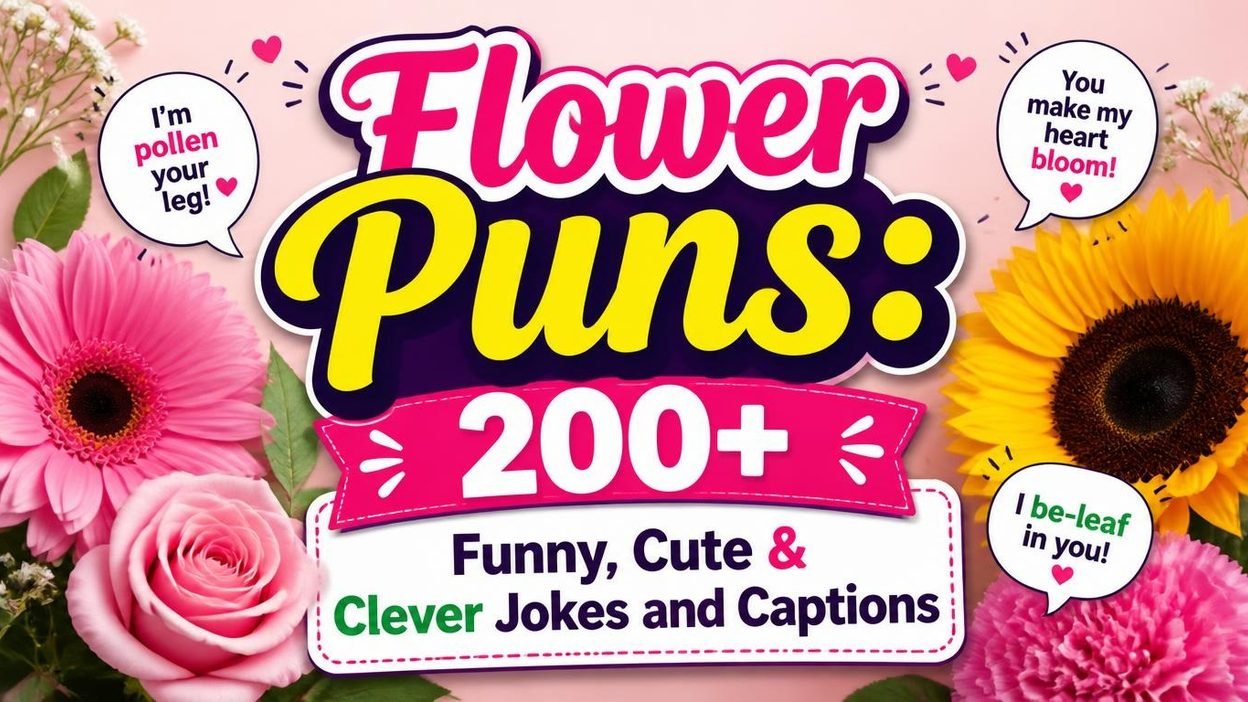 Flower puns graphic featuring funny flower jokes, cute floral wordplay, and clever captions.