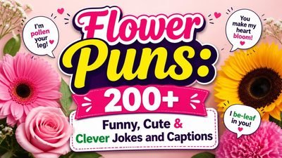 Flower puns graphic featuring funny flower jokes, cute floral wordplay, and clever captions.