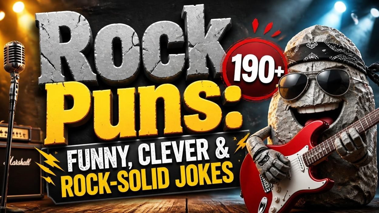 Rock puns graphic featuring 190+ funny rock jokes, clever wordplay, and rock-solid humor.