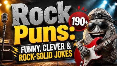Rock puns graphic featuring 190+ funny rock jokes, clever wordplay, and rock-solid humor.