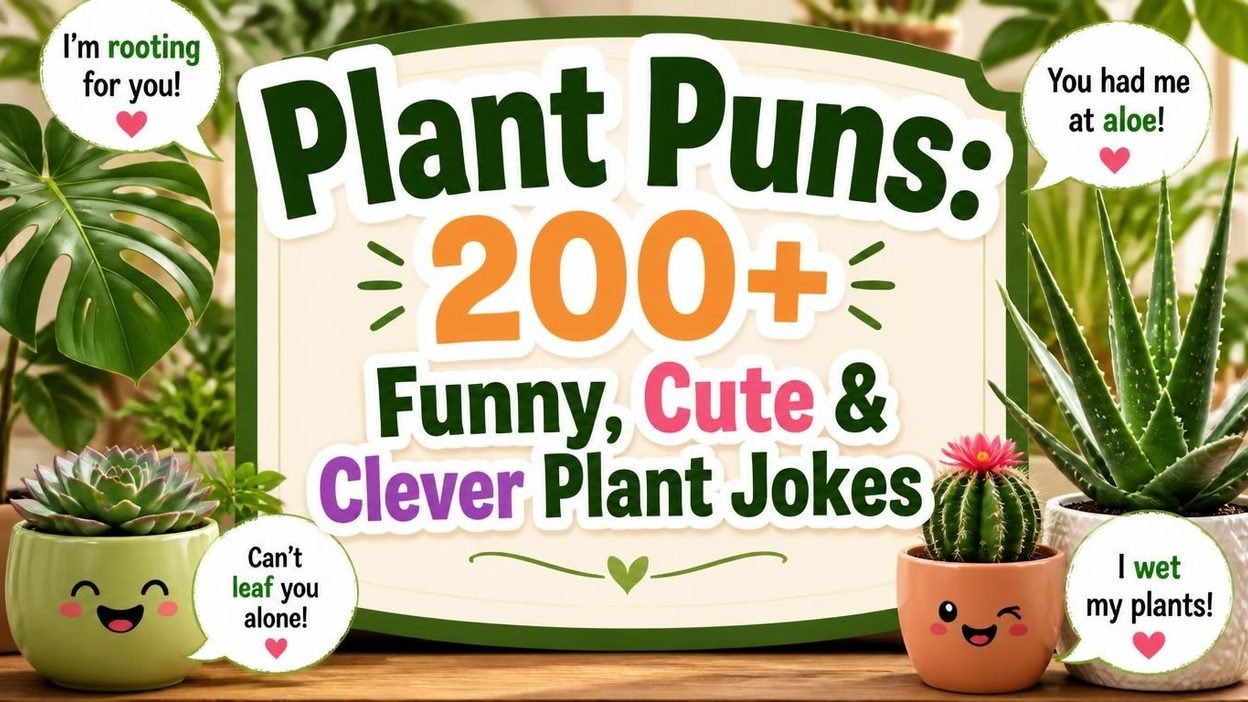 Plant puns graphic featuring 200+ funny plant jokes, cute botanical wordplay, and clever humor.