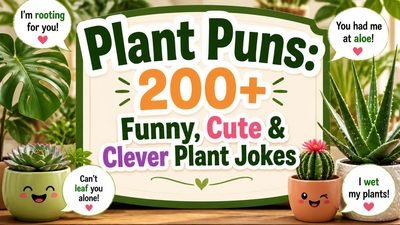 Plant puns graphic featuring 200+ funny plant jokes, cute botanical wordplay, and clever humor.
