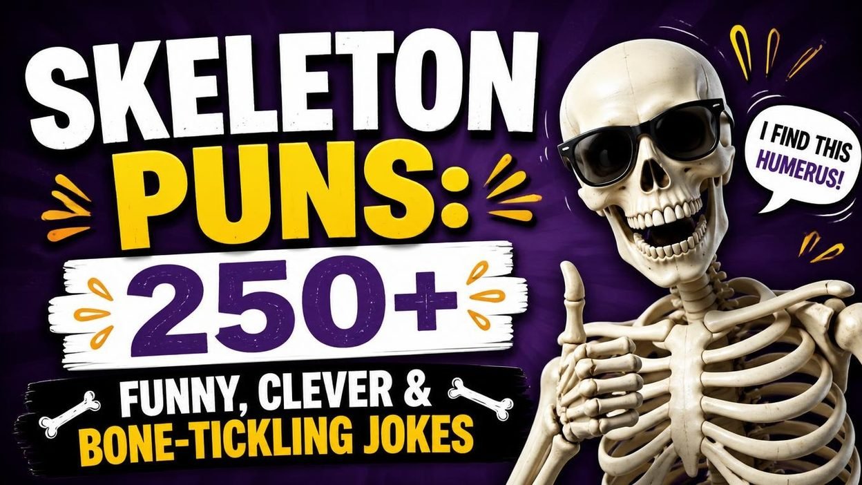 Skeleton puns graphic featuring 250+ funny skeleton jokes, clever wordplay, and bone-tickling humor.