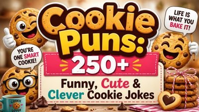Cookie puns graphic featuring 250+ funny cookie jokes, cute wordplay, and clever baking humor.
