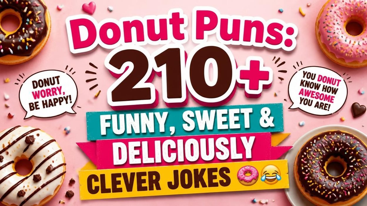 Donut puns graphic featuring 210+ funny donut jokes, sweet wordplay, and deliciously clever humor.