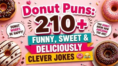 Donut puns graphic featuring 210+ funny donut jokes, sweet wordplay, and deliciously clever humor.
