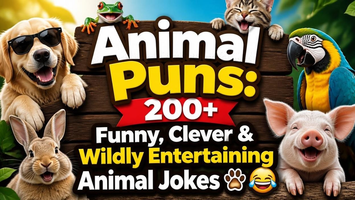 Animal puns graphic featuring 200+ funny animal jokes, clever wordplay, and cute humor.