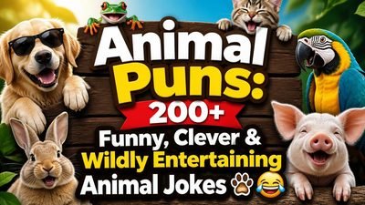 Animal puns graphic featuring 200+ funny animal jokes, clever wordplay, and cute humor.