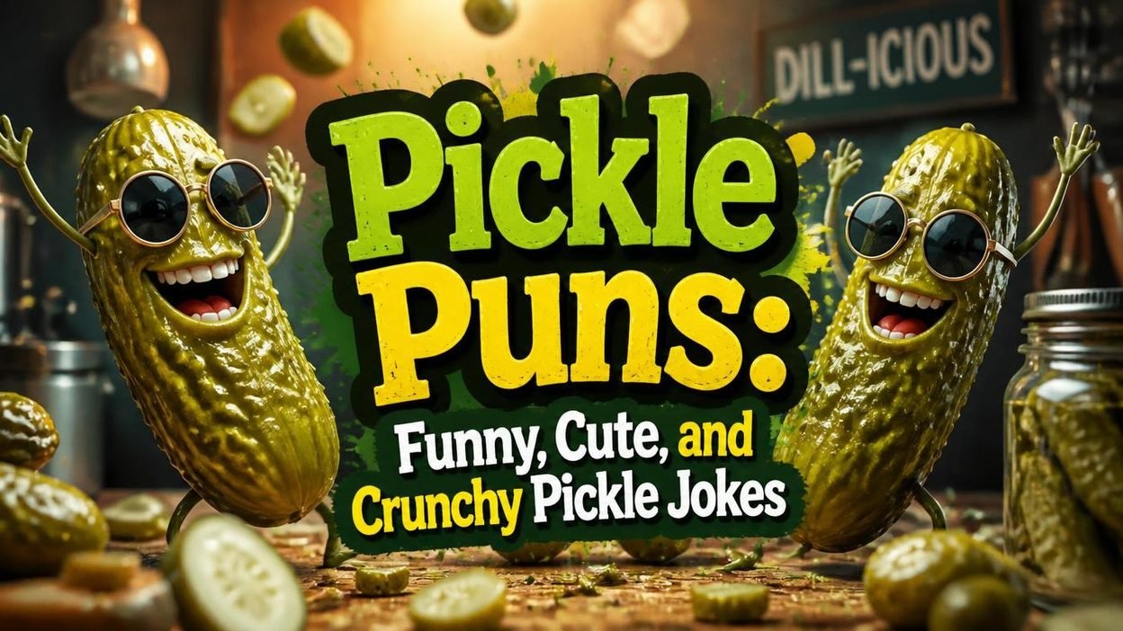 Pickle puns graphic featuring funny pickles, cute jokes, and playful crunchy wordplay.