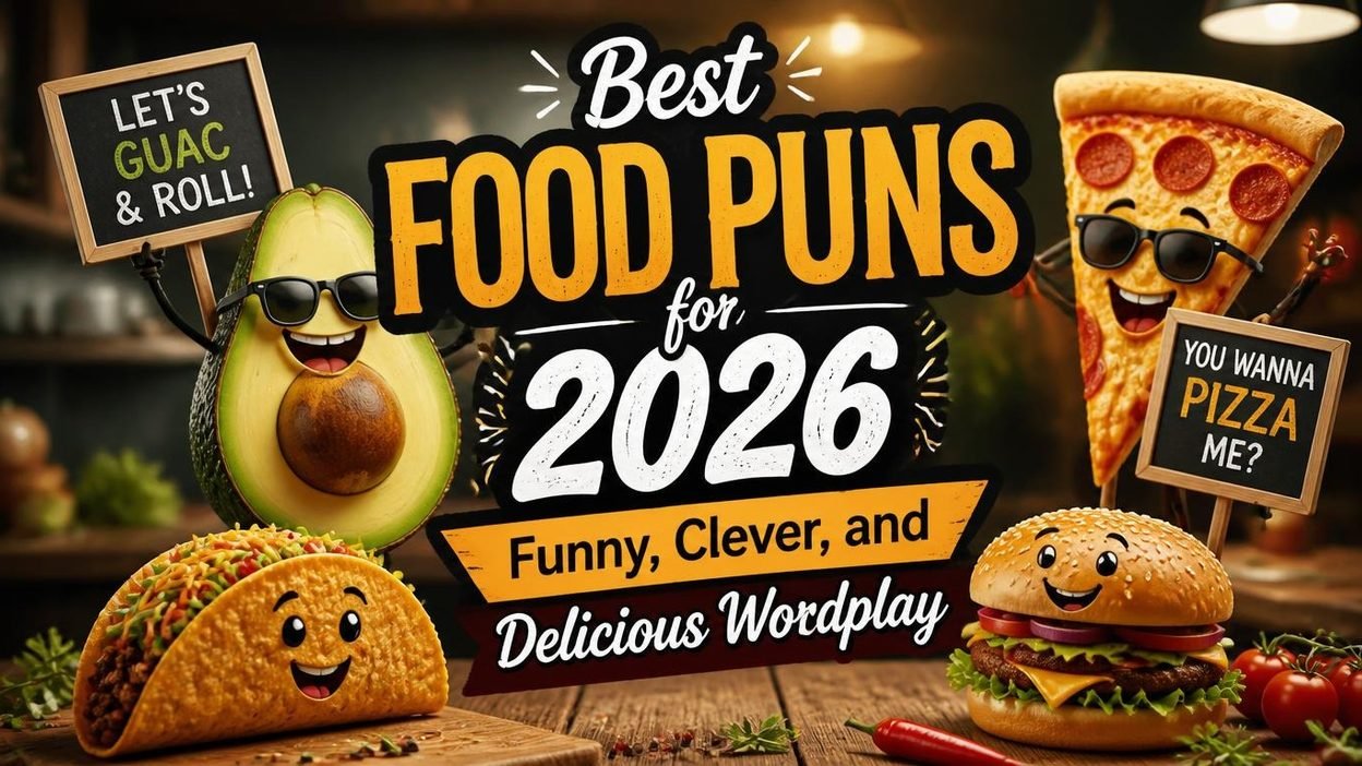 Best food puns for 2026 graphic featuring funny food jokes, clever wordplay, and playful humor.