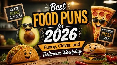 Best food puns for 2026 graphic featuring funny food jokes, clever wordplay, and playful humor.