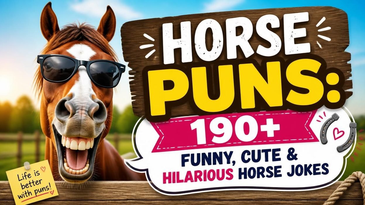 Horse puns graphic featuring funny horse jokes, cute equine humor, and hilarious wordplay.