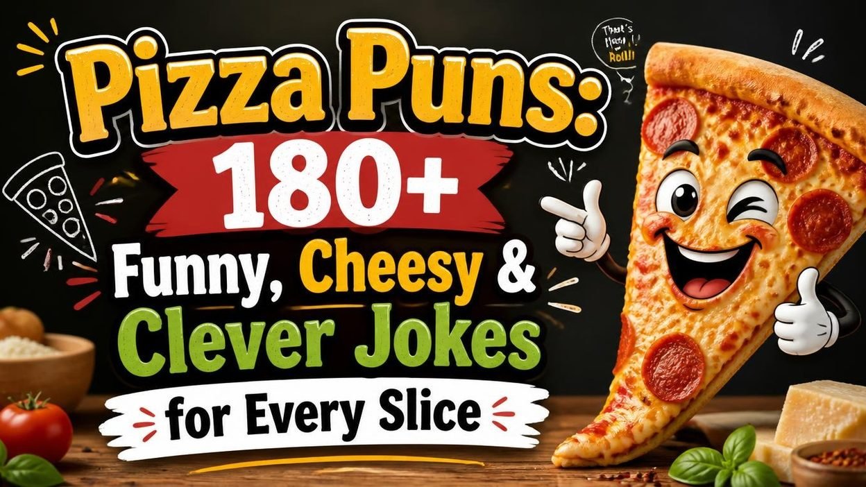 Pizza puns graphic featuring funny pizza jokes, cheesy wordplay, and clever humor for pizza lovers.
