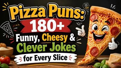 Pizza puns graphic featuring funny pizza jokes, cheesy wordplay, and clever humor for pizza lovers.