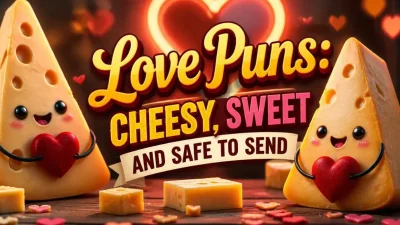 Love puns graphic featuring cheesy love jokes, sweet romantic wordplay, and cute humor to share.