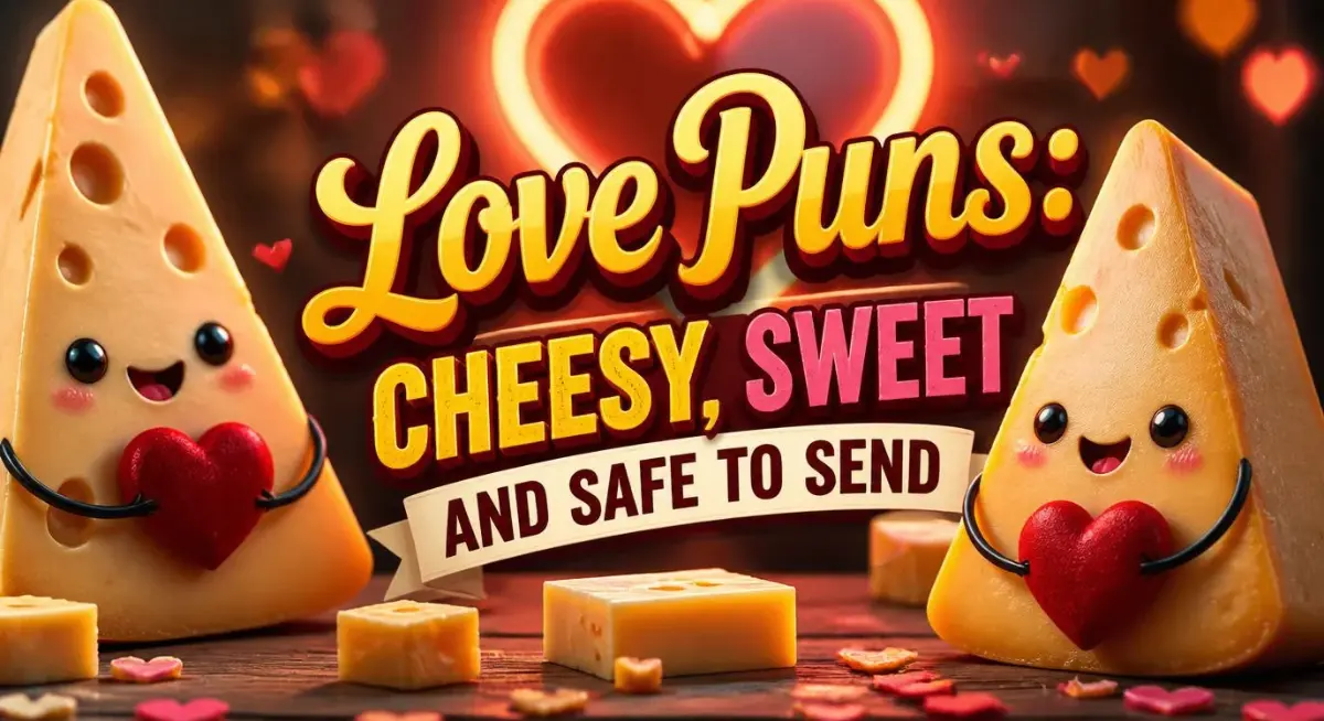 Love puns graphic featuring cheesy love jokes, sweet romantic wordplay, and cute humor to share.