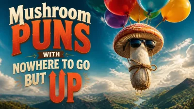 Mushroom puns graphic featuring funny mushrooms, clever wordplay, and playful humor.