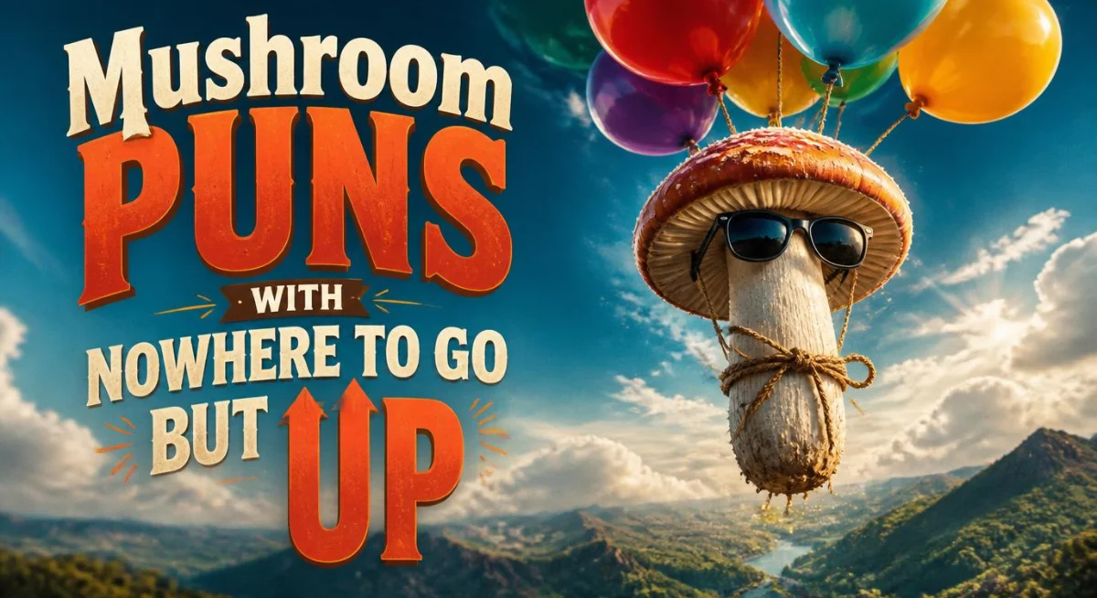 Mushroom puns graphic featuring funny mushrooms, clever wordplay, and playful humor.