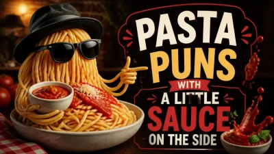 Pasta puns graphic featuring funny pasta jokes, clever Italian food wordplay, and saucy humor.