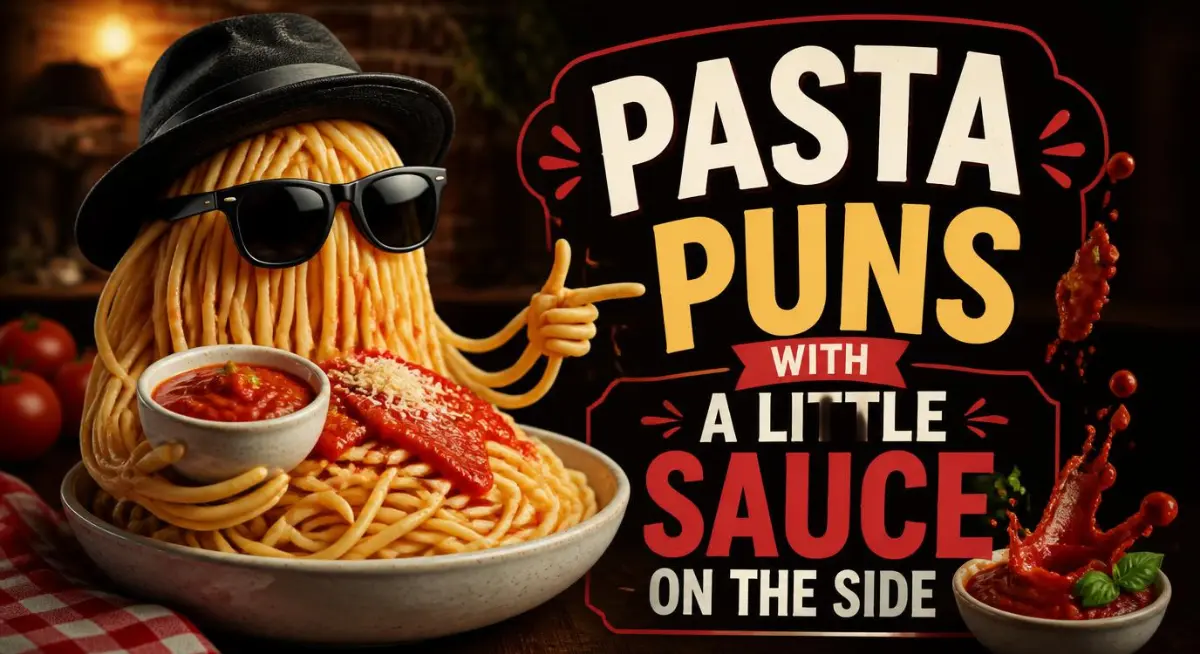 Pasta puns graphic featuring funny pasta jokes, clever Italian food wordplay, and saucy humor.