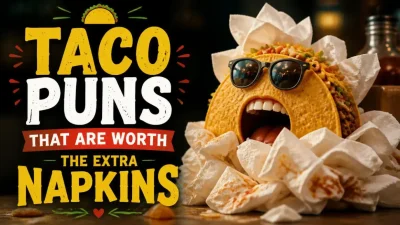 Taco puns graphic featuring funny taco jokes, clever Mexican food wordplay, and playful humor.