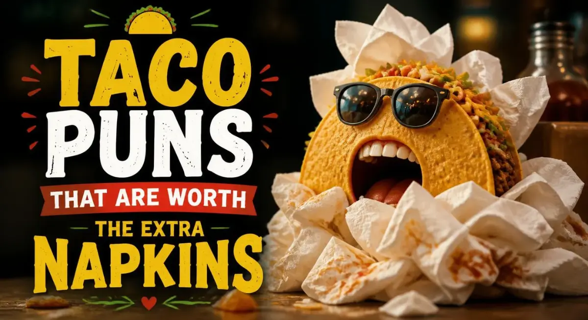 Taco puns graphic featuring funny taco jokes, clever Mexican food wordplay, and playful humor.