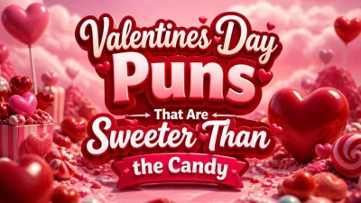 Valentine’s Day puns graphic featuring cute love jokes, sweet candy wordplay, and romantic humor.