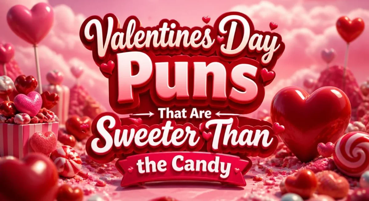 Valentine’s Day puns graphic featuring cute love jokes, sweet candy wordplay, and romantic humor.